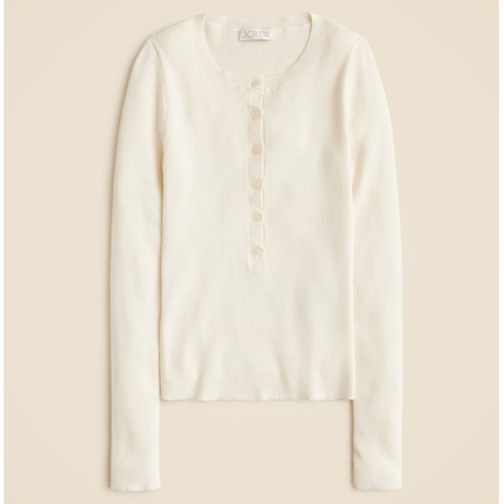 J.Crew Henley Sweater WMNS L Mountain White Long Sleeve Ribbed Tencel Crew Neck